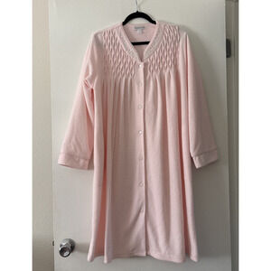 Miss Elaine Pink Snap Up Embroidered Smocked Fleece Robe House Coat Long Sleeve